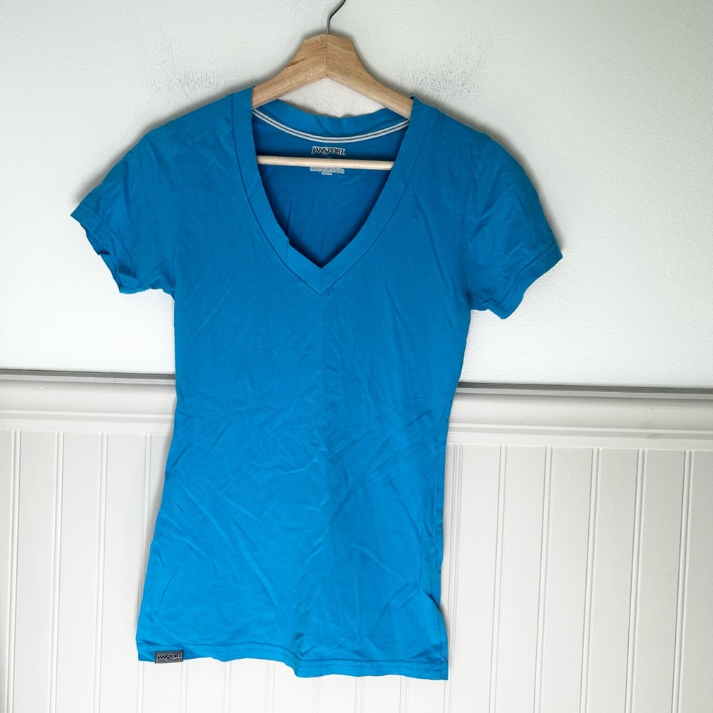 Y2K Jansport Medium Vibrant Blue 100% Cotton V-Neck Women's Tee